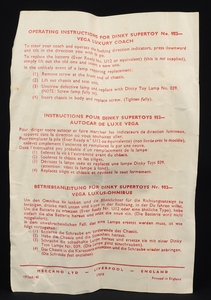 Dinky supertoys 952 vega major luxury coach dd989 leaflet