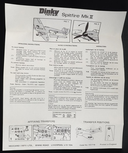 Dinky toys 719 spitfire aeroplane ee552 leaflet