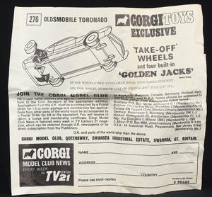 Corgi toys 276 oldsmobile toronado ee705 leaflet