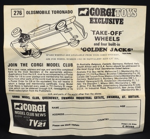 Corgi toys 276 oldsmobile toronado ee97 leaflet