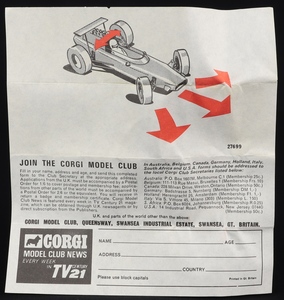 Corgi toys 158 lotis climax f1  racing car ee972 leaflet