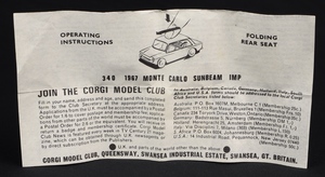Corgi toys 340 monte carlo sunbeam imp  leaflet