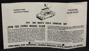 Corgi  toys 340 1967 monte carlo sunbeam imp winner jj719 leaflet